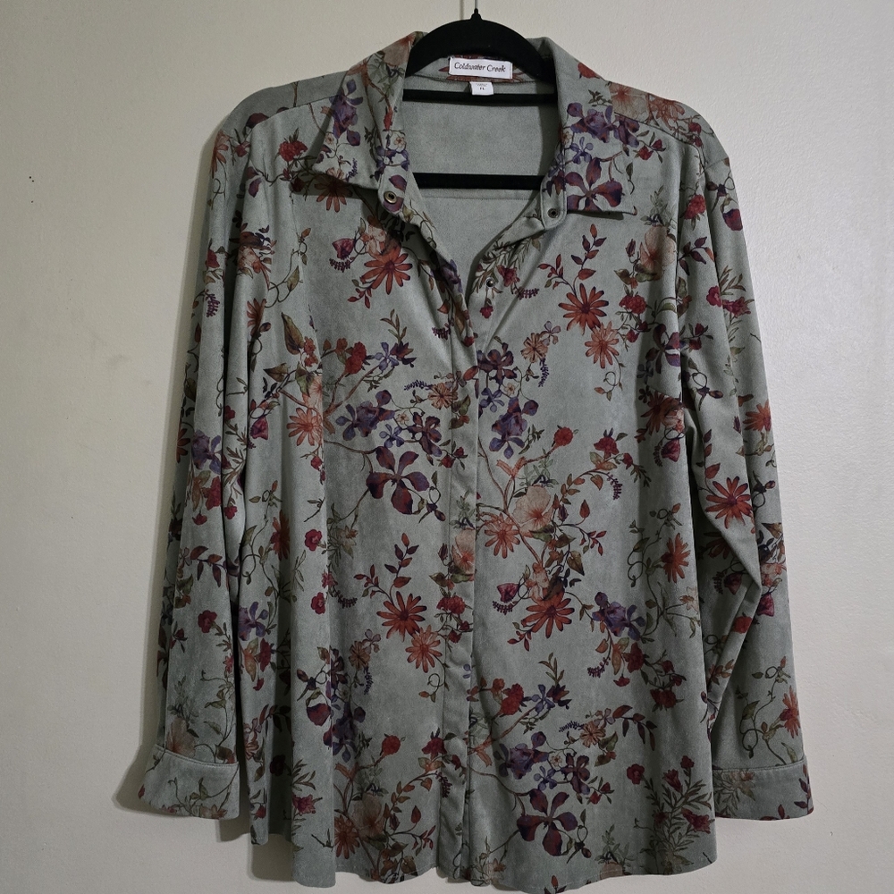 Coldwater Creek Elegant Floral Blouse - Olive and Plum Size PL Faux Suede.